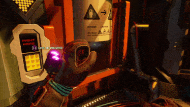 a person in a video game is holding a purple object in front of a sign that says " use bio printer "