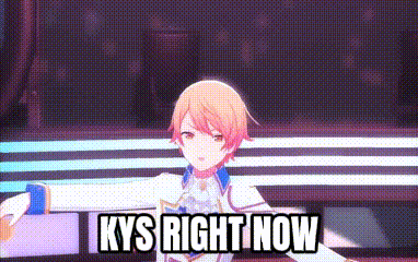 a cartoon character is standing on a stage with the words `` kys right now '' written on the screen .