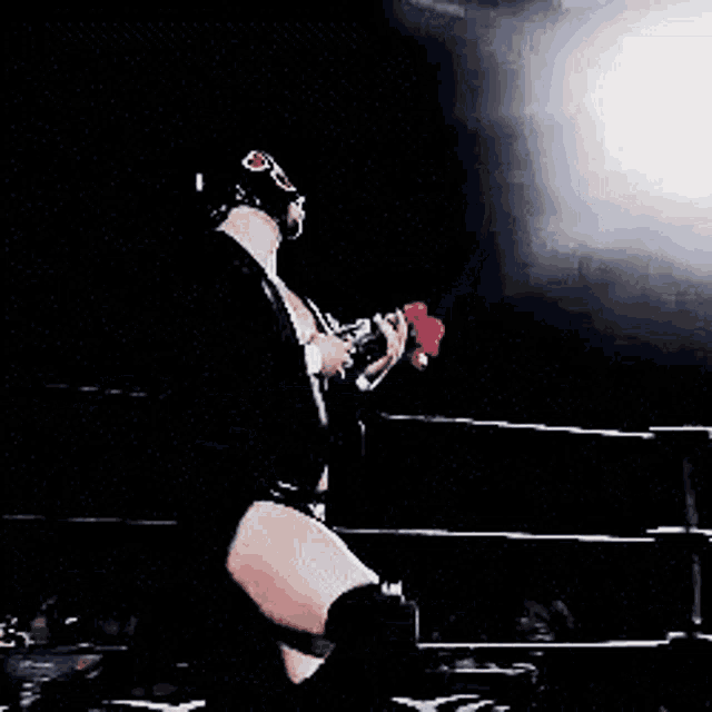 a wrestler in a mask is holding a rose in his hand in a wrestling ring .