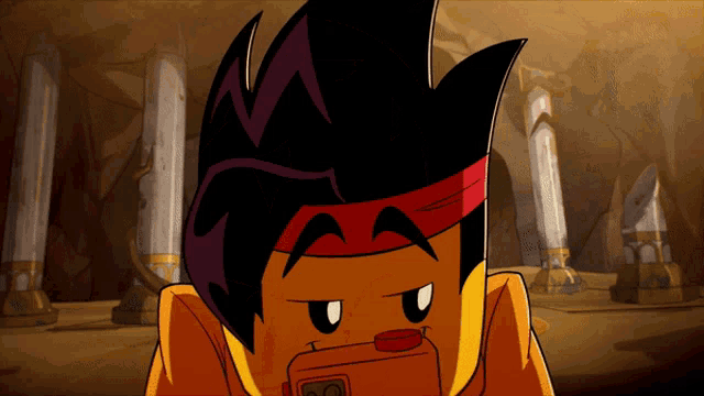 a cartoon character with a red band around his head looks angry