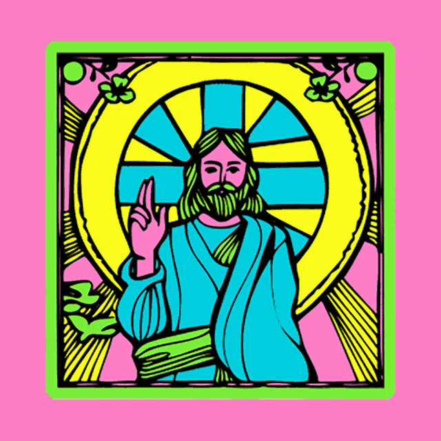 a colorful drawing of jesus with a green border