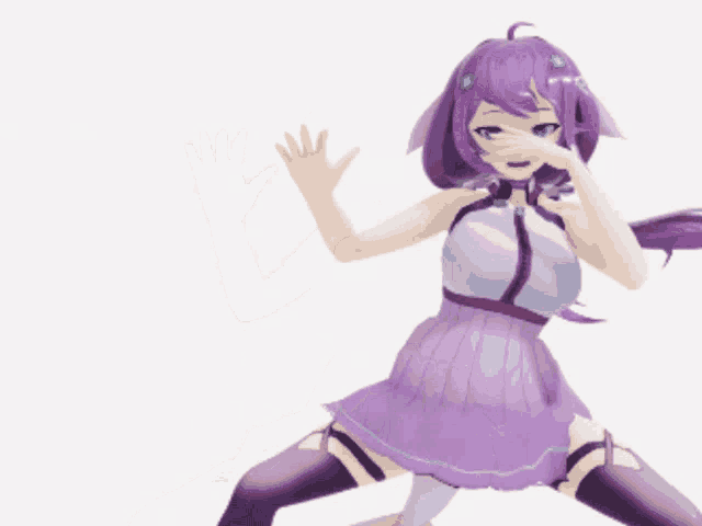 a 3d model of a girl with purple hair and a white dress