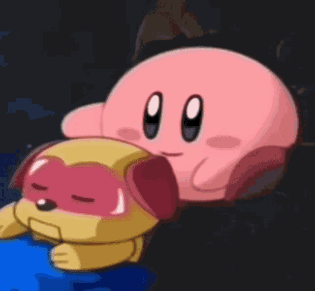 kirby is laying on top of a yellow dog wearing headphones .