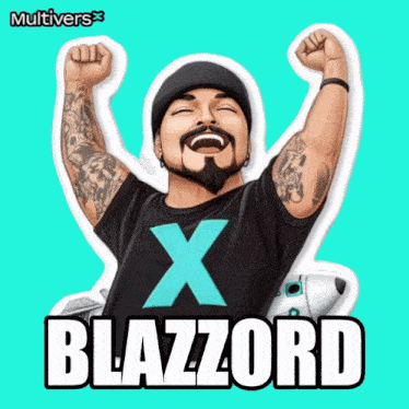 a man with his fist in the air and the word blazzord on the bottom