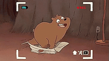 a cartoon of a bear laying on a pile of papers with a recording button in the corner