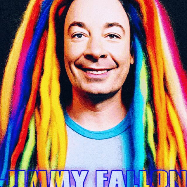 a man with rainbow colored dreadlocks and the name jimmy fallon on the bottom
