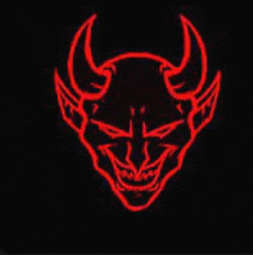 a red devil with horns and a smile on a black background .