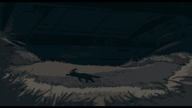a drawing of a cat laying in the grass with a dark background
