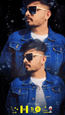 a man wearing sunglasses and a denim jacket has the letter h on the bottom