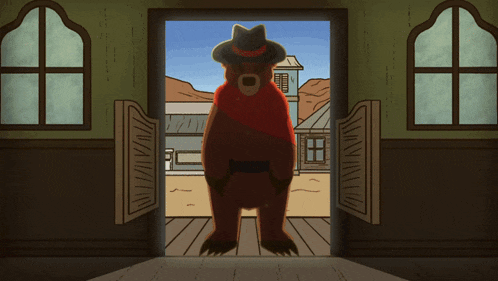 a cartoon drawing of a man in a fedora standing in a doorway