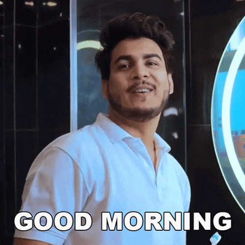 a man brushing his teeth with the words good morning behind him
