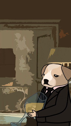 a cartoon dog in a tuxedo holding a glass of wine
