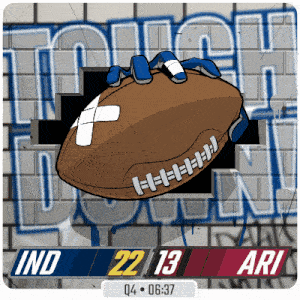 a cartoon drawing of a football breaking through a wall with graffiti behind it