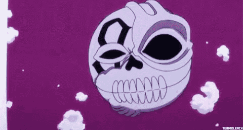 a skull is floating in the air on a purple background with clouds .