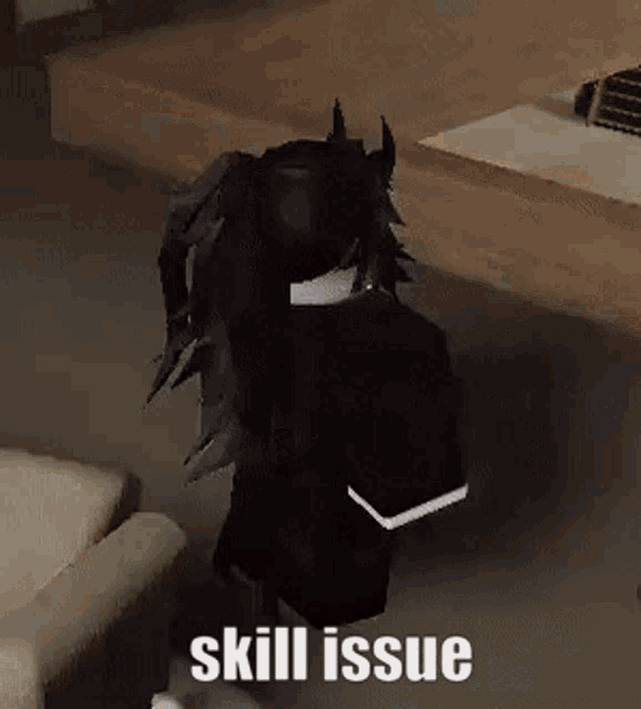 a person in a video game is standing in a room with the words `` skill issue '' written on the floor .