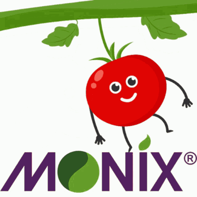a cartoon tomato with arms and legs is hanging from a plant with the monix logo in the background