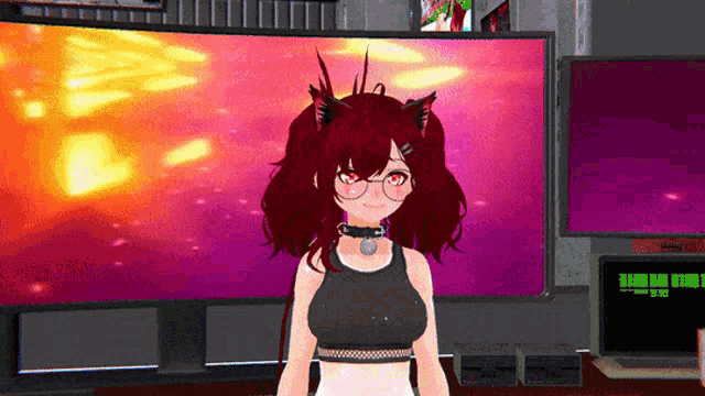 a girl with red hair and a choker stands in front of a computer monitor