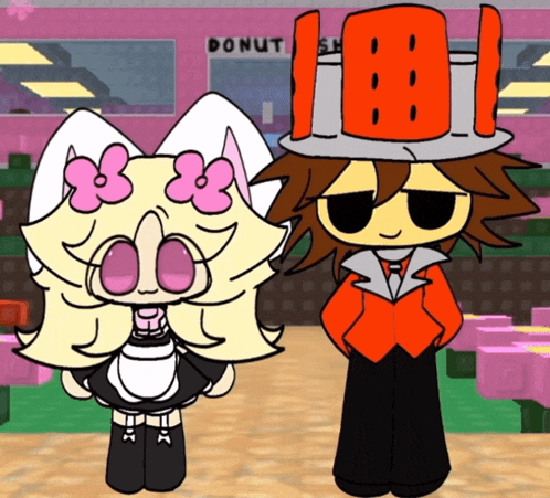 a couple of cartoon characters are standing next to each other in front of a donut shop