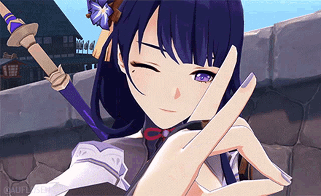 a purple haired anime girl with a sword in her hand