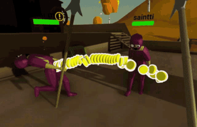 a purple cartoon character is holding a yellow object in front of a tent that says saintti