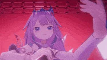 a purple haired anime girl with a crown on her head is holding a microphone and waving at the camera .