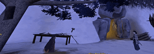 a screenshot of a video game shows a man standing in the snow