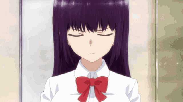 a girl with purple hair is wearing a white shirt and a red bow