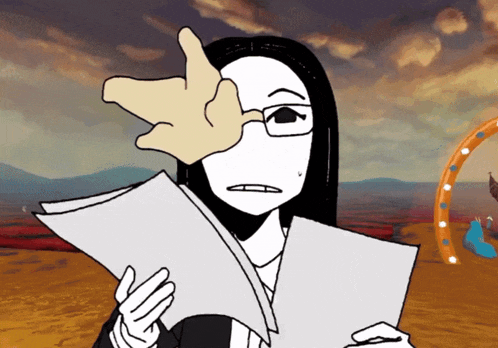 a cartoon of a woman holding a piece of paper and making a face