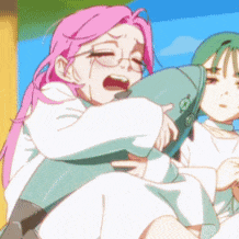 a girl with pink hair and glasses is crying while holding a backpack