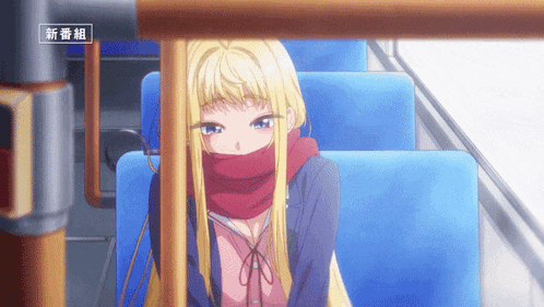 a girl with blonde hair and a red scarf is sitting on a bus
