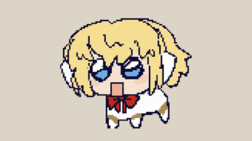 a pixel art of a girl with blue eyes