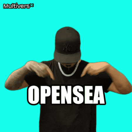 a man wearing a ny hat and a necklace with the word opensea on it