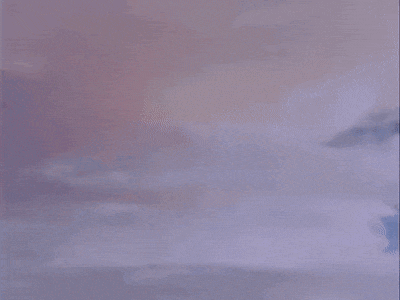 a painting of a purple sky with clouds and a sunset in the background .