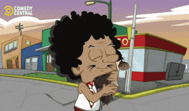 a cartoon of a man standing in front of a store that says " comedy central "