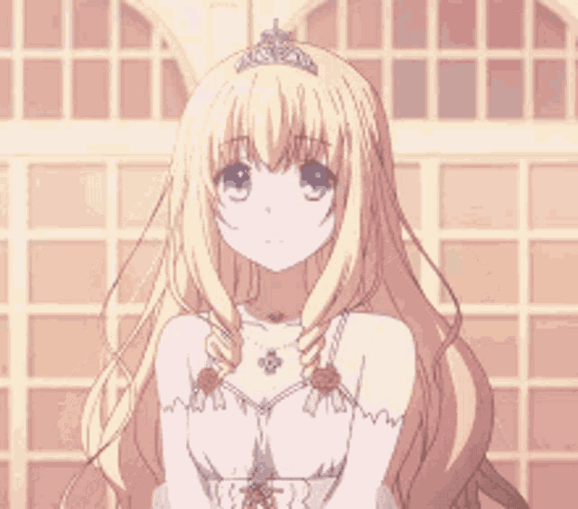 a blonde anime girl wearing a tiara and a white dress