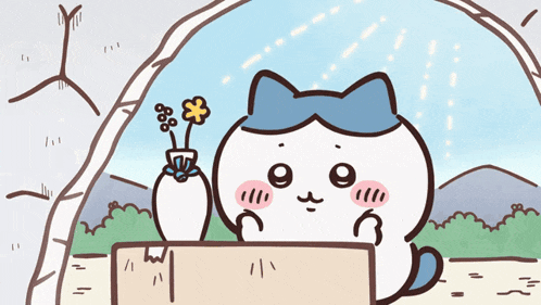 a cartoon cat with a blue bow on its head holds a vase of flowers