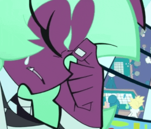 a purple and green cartoon character with a tear running down his cheek
