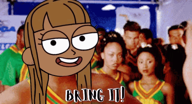 a cartoon cheerleader says bring it in front of a crowd of cheerleaders