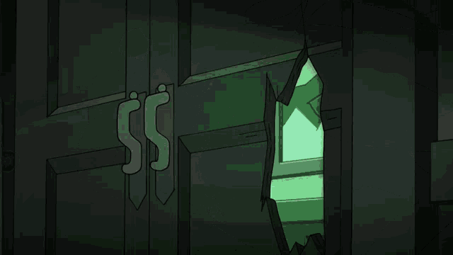 a cartoon character with a huge smile on her face is standing in a dark room .