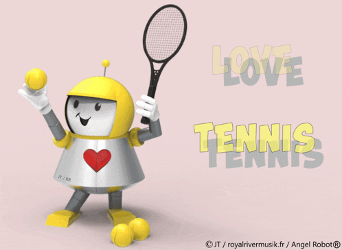 a robot holding a tennis racquet with the words love tennis behind it
