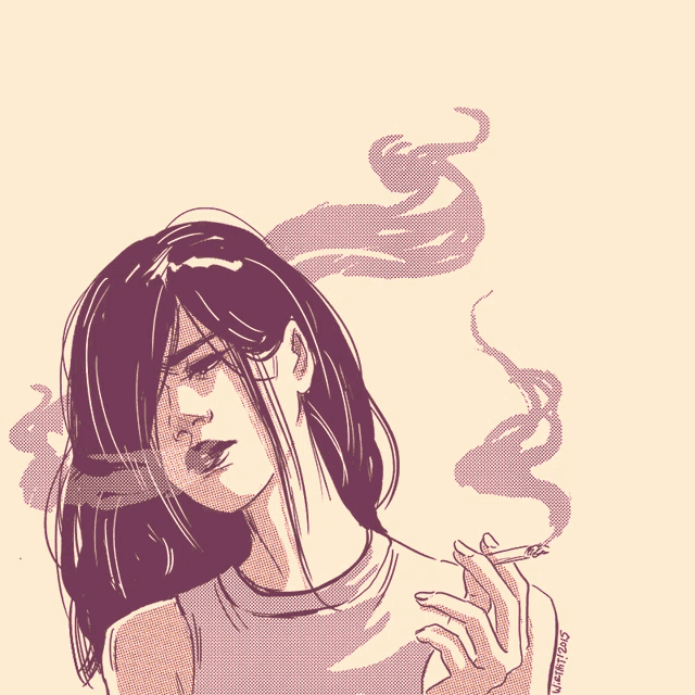 a drawing of a woman smoking a cigarette with the letters s on the bottom right