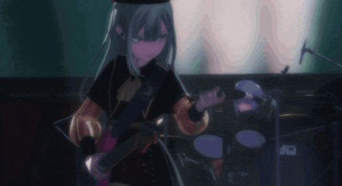 a girl with long hair is playing a guitar on a stage