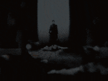 a drawing of a man standing in a dark room
