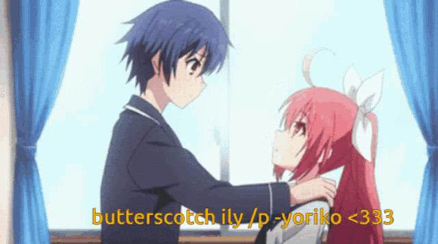 a boy and a girl are hugging in front of a window with butterscotch ily / p - yoriko < 333