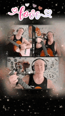 a man wearing headphones is playing a guitar in front of a sign that says love on it