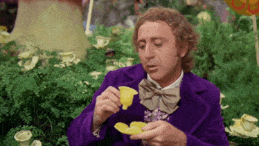 a man in a purple coat and bow tie is holding a yellow flower