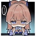 a cartoon girl with pink hair and blue eyes is sitting down with her hands on her chin .