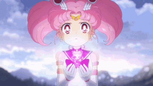 a girl with pink hair and white gloves is holding a pink heart