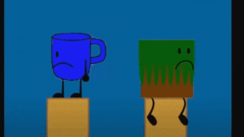 a blue cup and a green box with a sad face are standing next to each other on a podium .