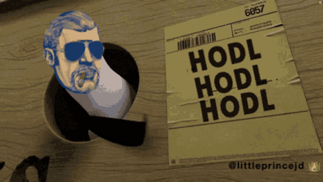 a man wearing sunglasses is smoking a cigarette next to a paper that says hodl hodl hodl